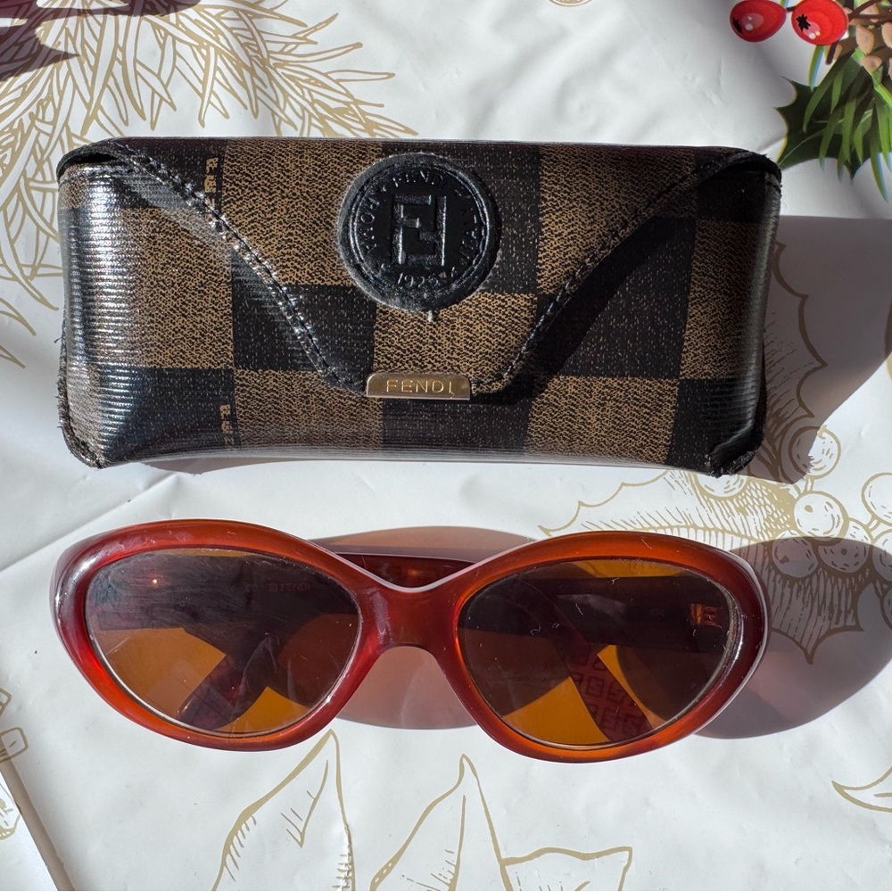 90s Authentic FENDI Style 198 Red Sunglasses with Checkered Case - Picture 10 of 10